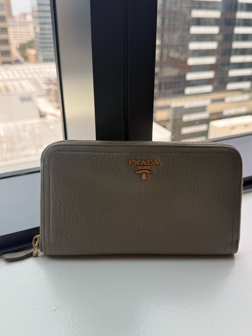 Prada Taupe Leather Zip-Around Wallet with Gold Hardware